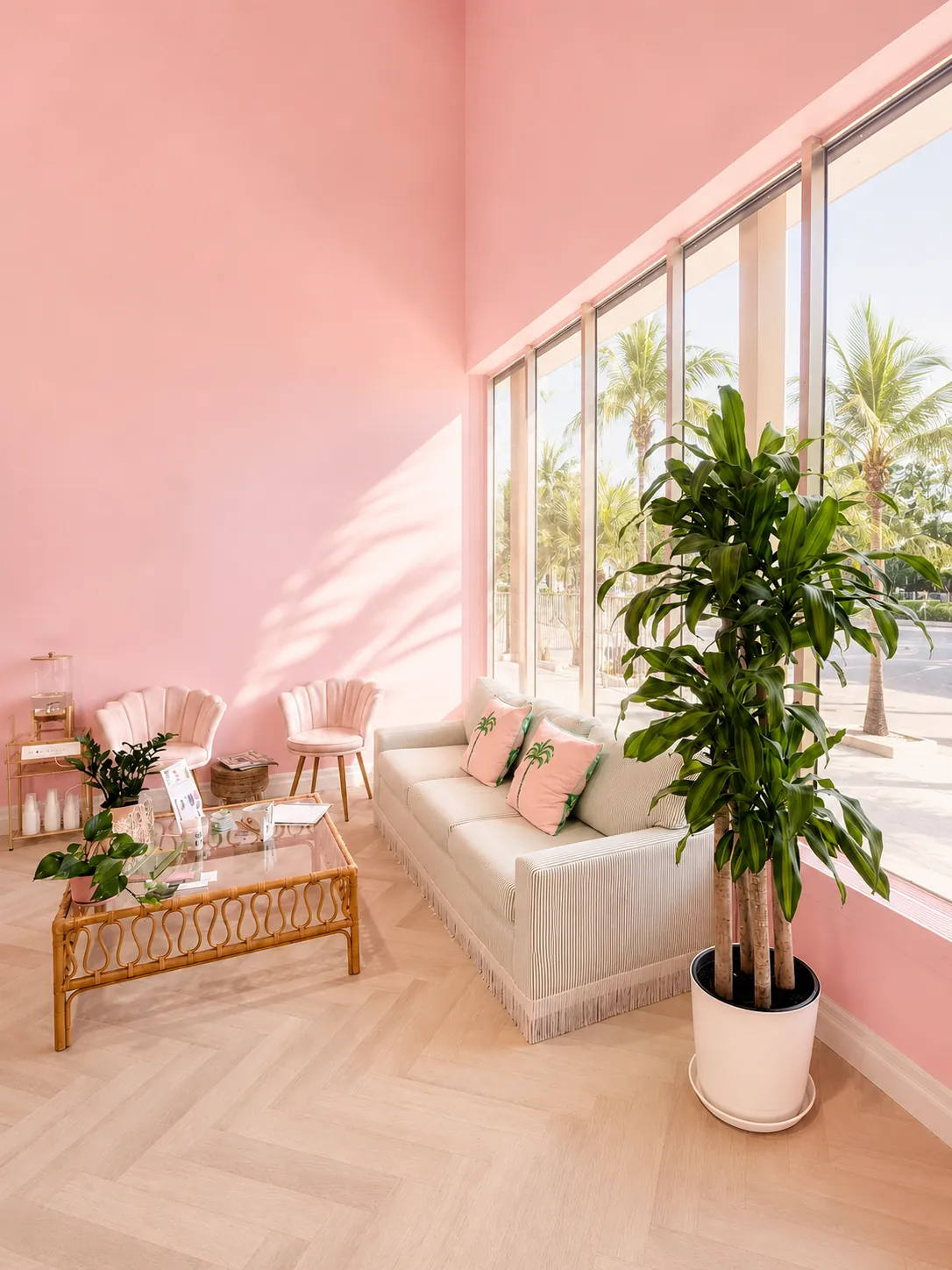 Pink salon lounge with a fringed sofa, palm-print pillows, rattan coffee table, and floor-to-ceiling windows overlooking palm trees