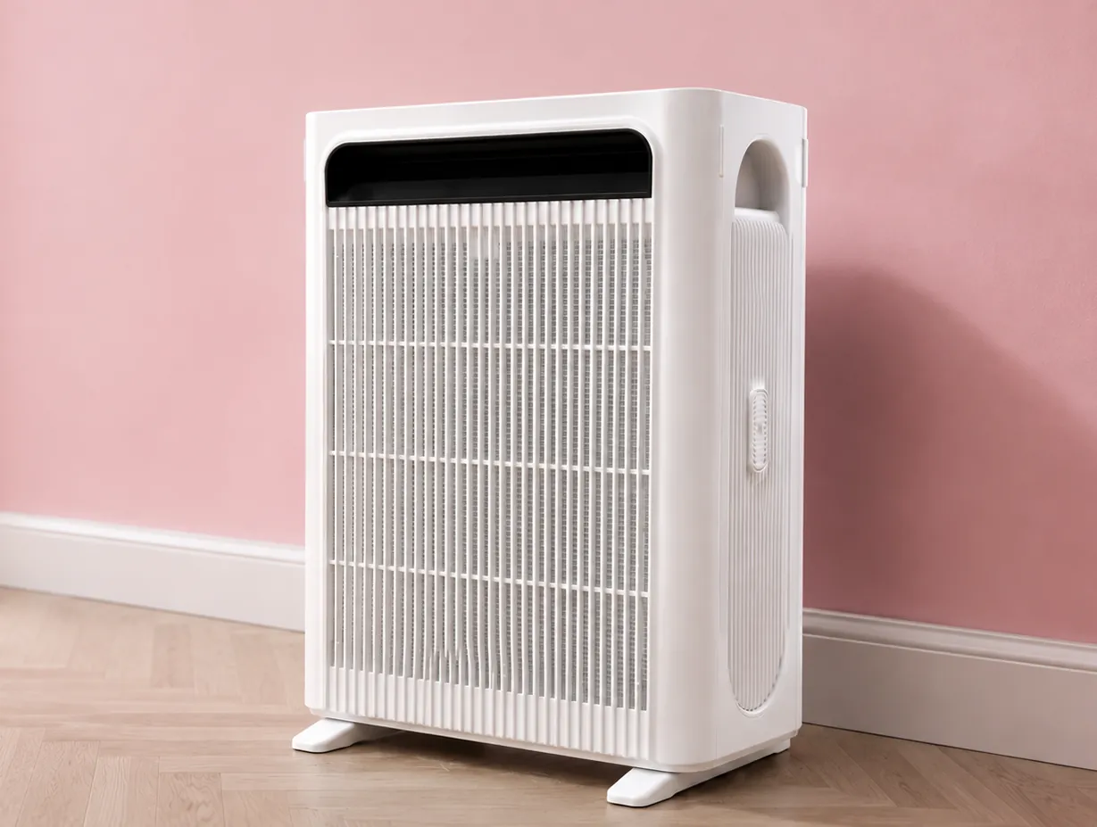 Freestanding commercial air filtration unit against a pink salon wall