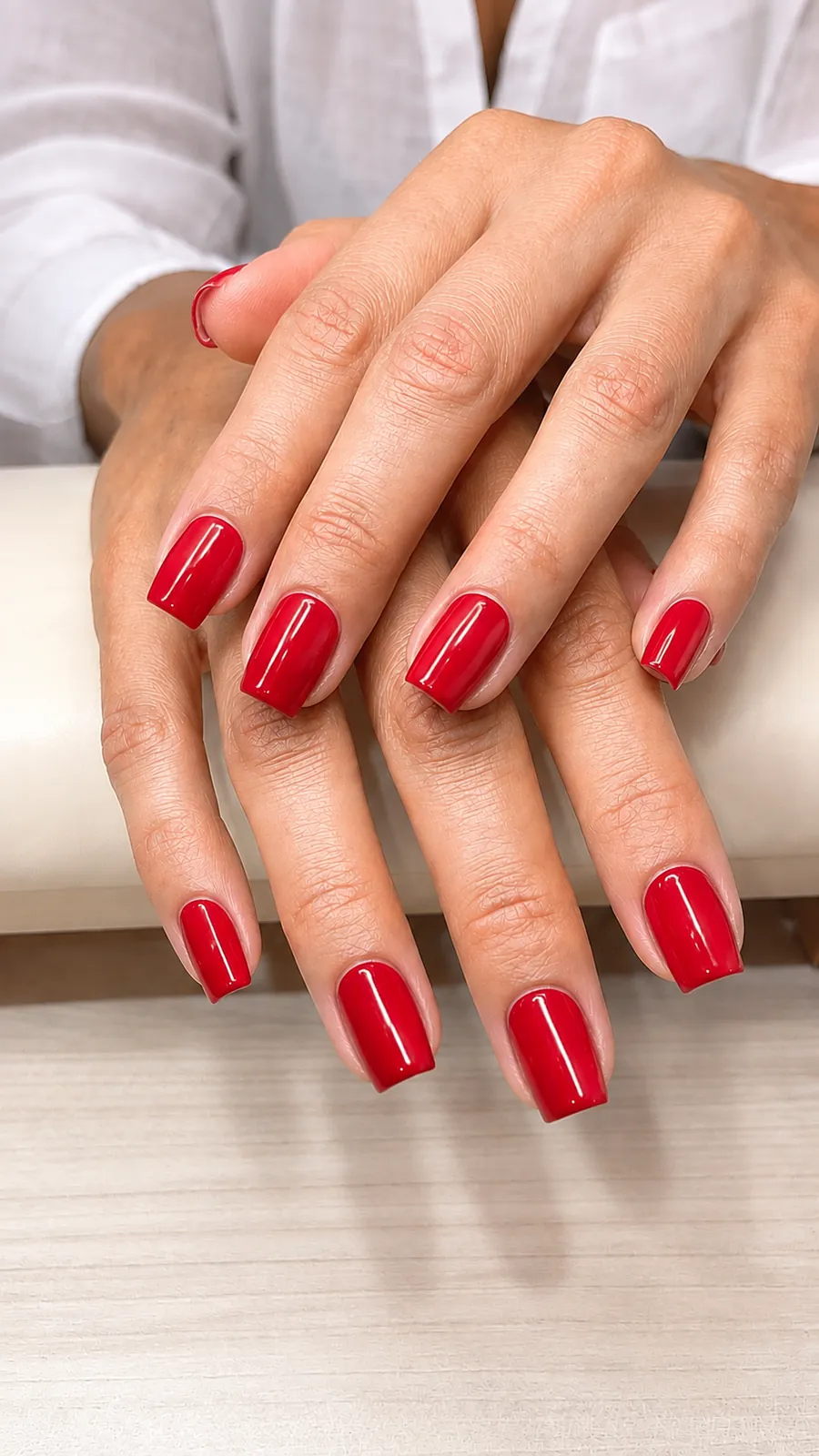 Hands with square-shaped nails in glossy classic red gel polish