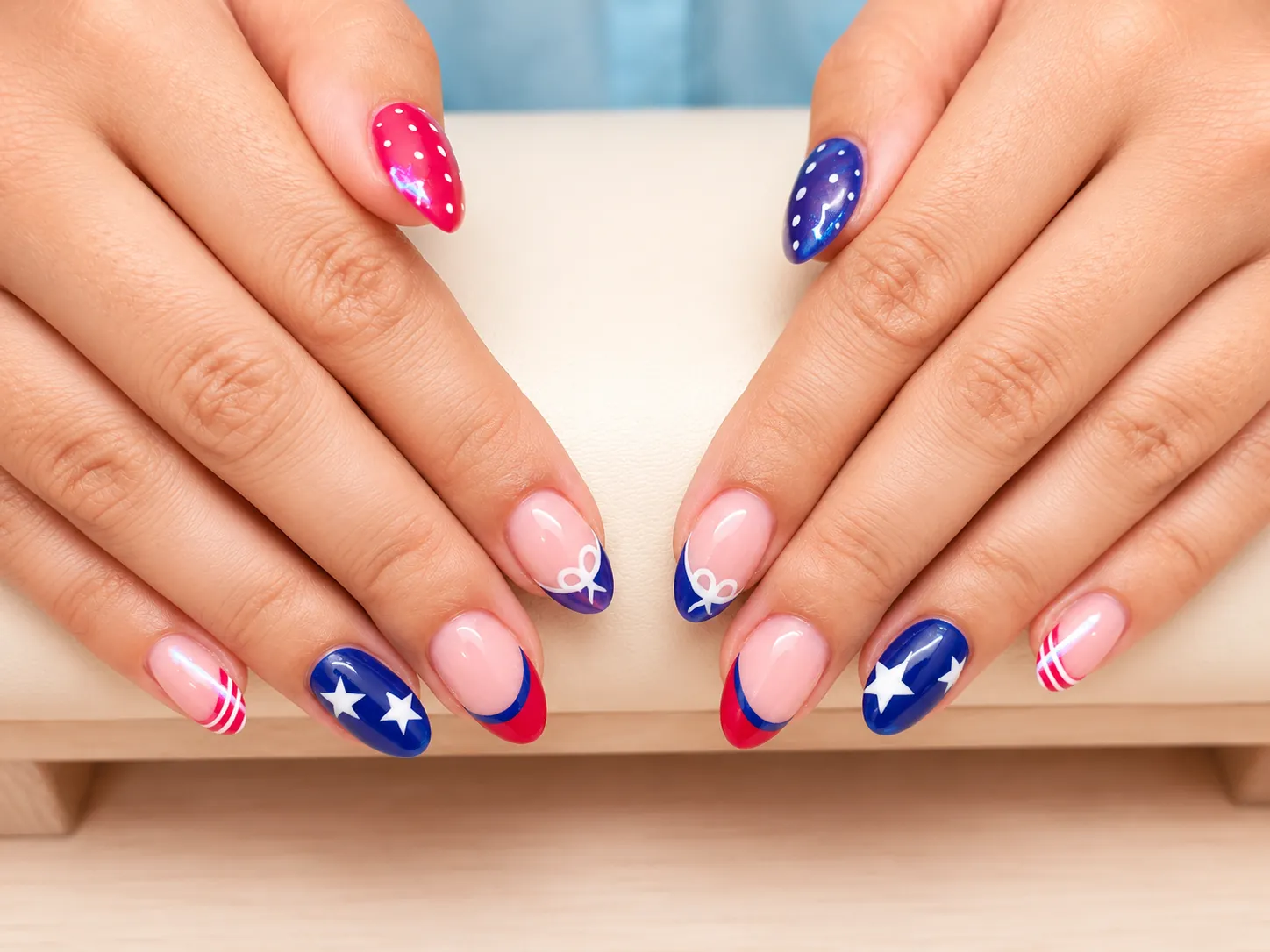 Hands with patriotic nail art in red, white, and blue featuring stars and stripes