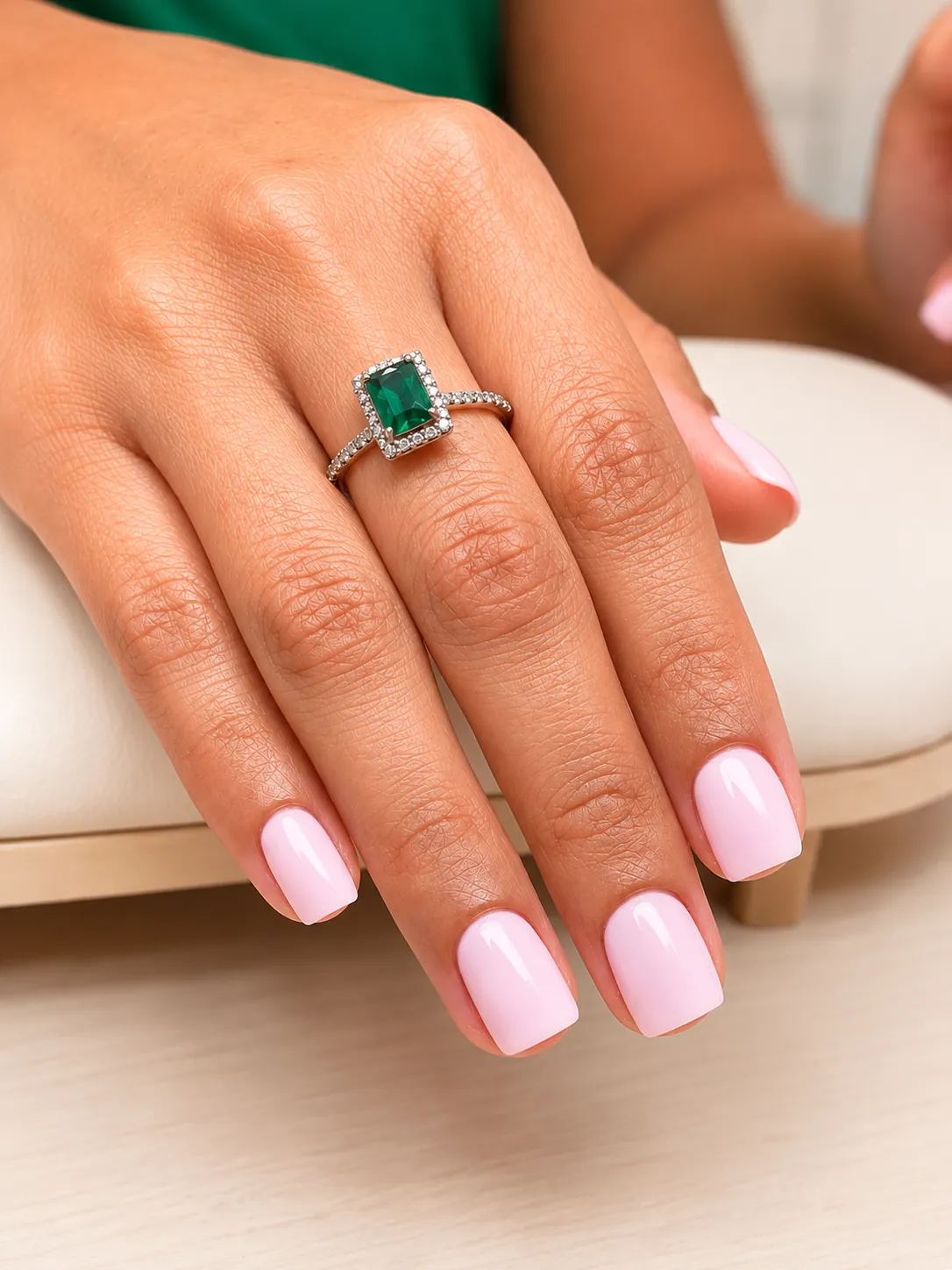 Hand with square nails in soft milky pink resting beside an emerald ring