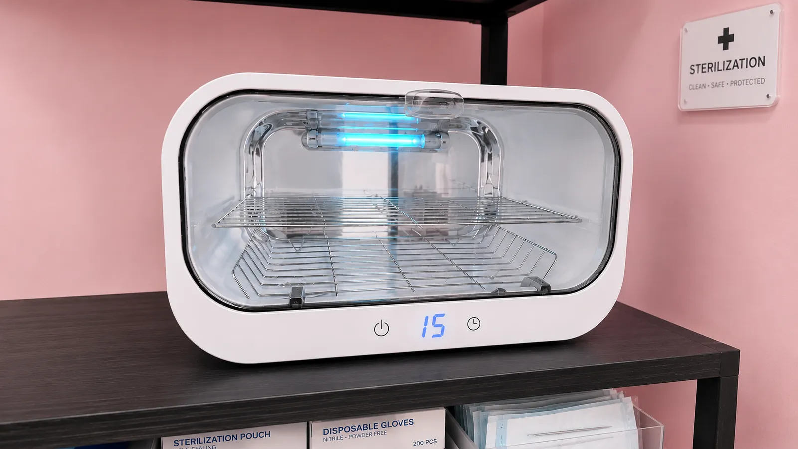UV sterilizer unit and sealed sterilization pouches on a shelf beside a sterilization sign