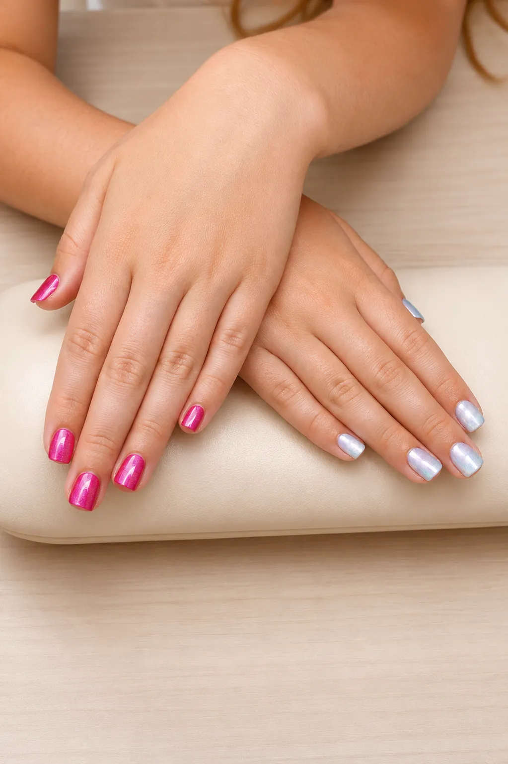 Hands with short rounded nails in alternating pink and pearl white shades