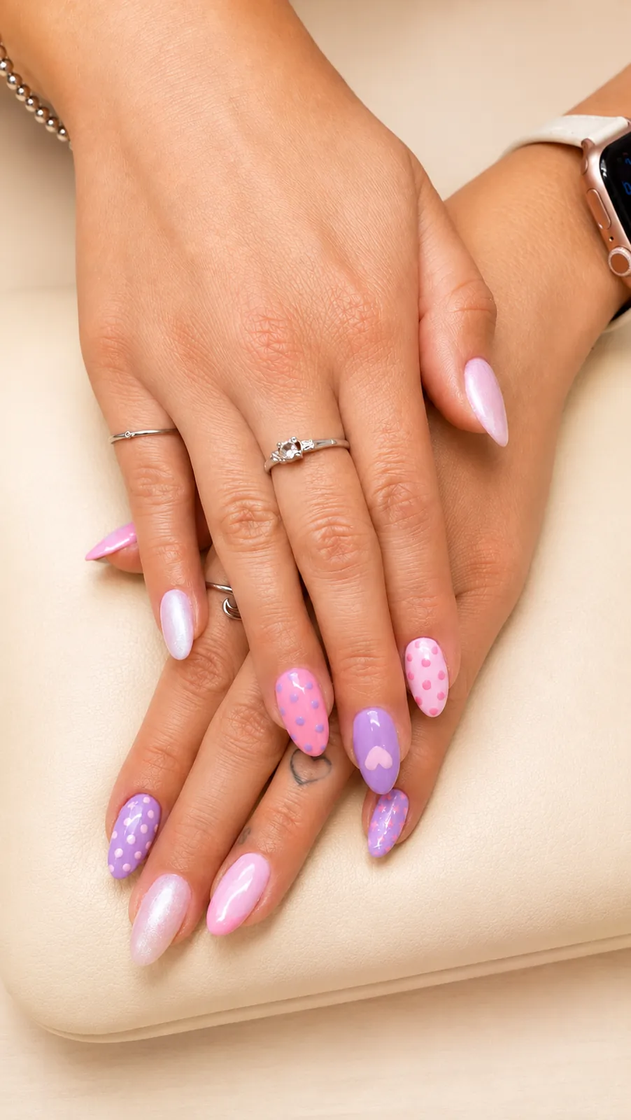Hands with almond nails in lavender and pink featuring pearl and floral nail art