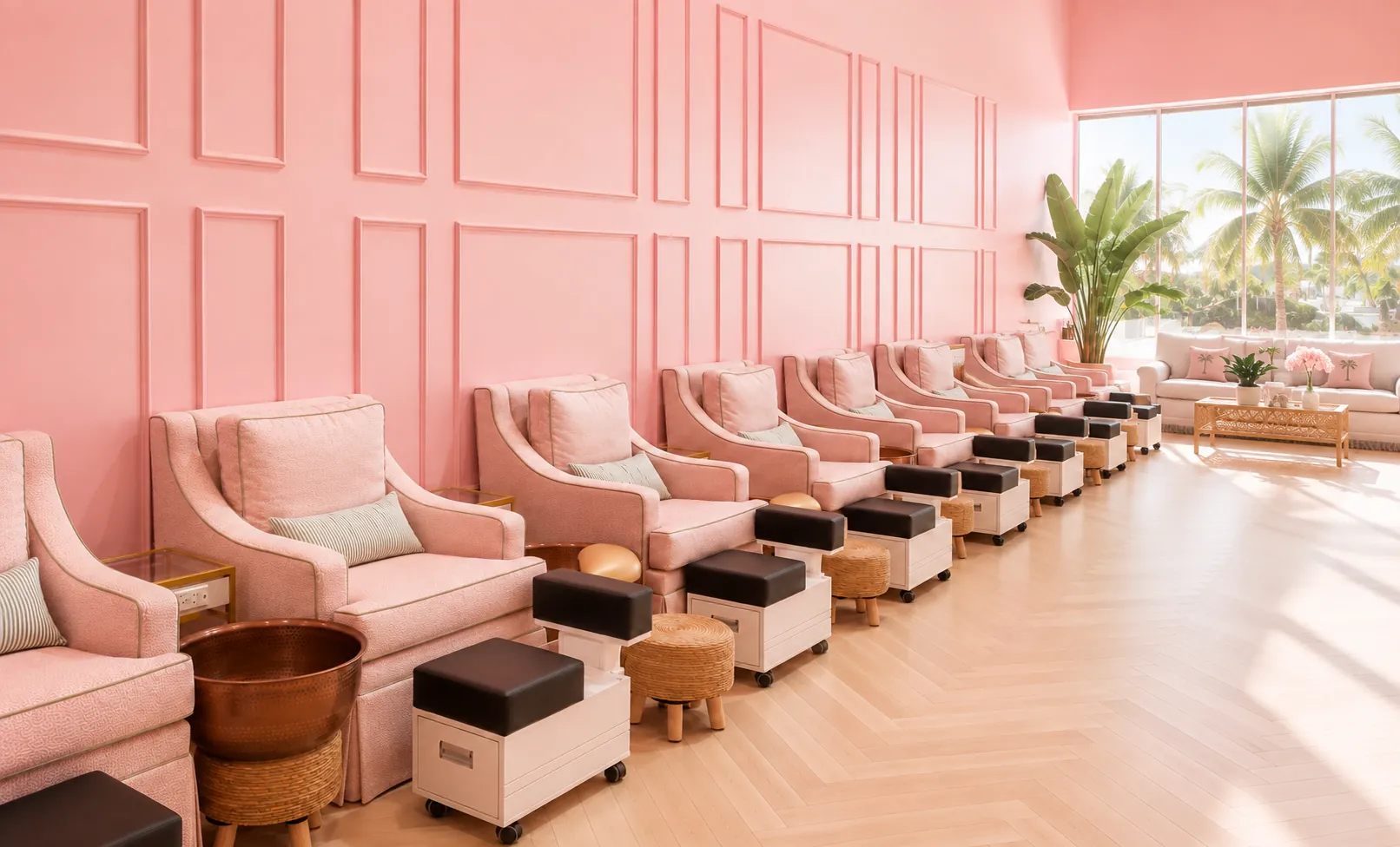 Long row of blush pedicure chairs with copper bowls and woven stools along a pink paneled wall, palm trees beyond the windows