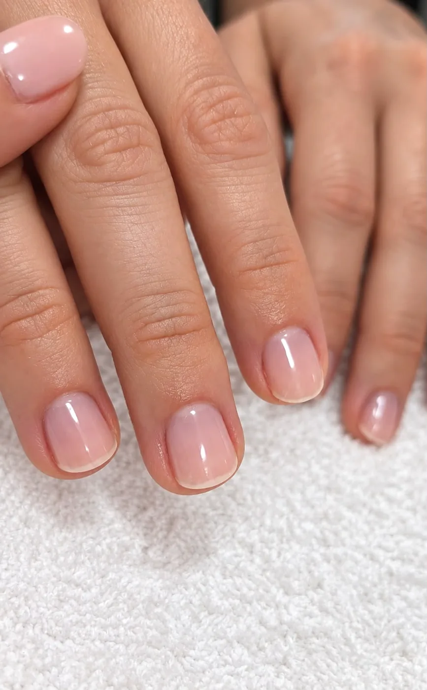 Natural nails finished with the Japanese manicure's luminous shine, resting on a white salon towel