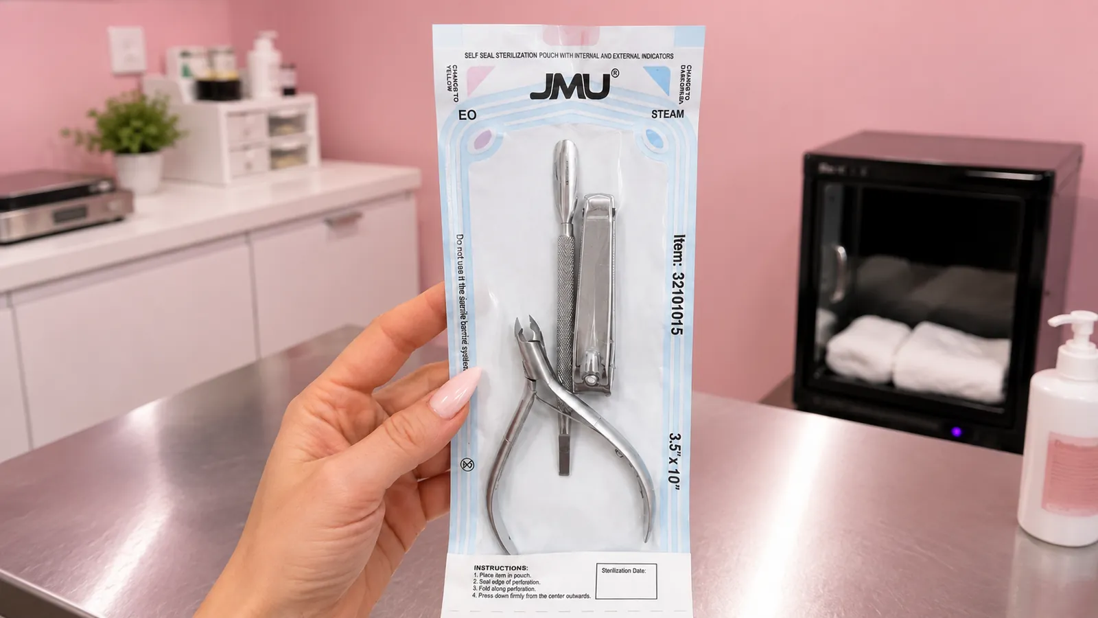 Hand holding a sealed sterilization pouch with metal nail tools beside a UV sterilizer cabinet