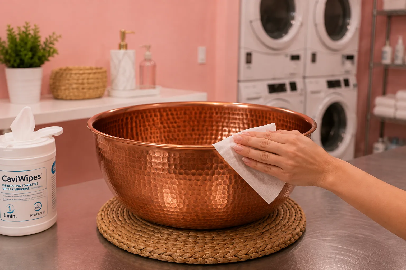 Hand wiping a hammered copper pedicure bowl with a disinfecting towelette beside a wipes canister