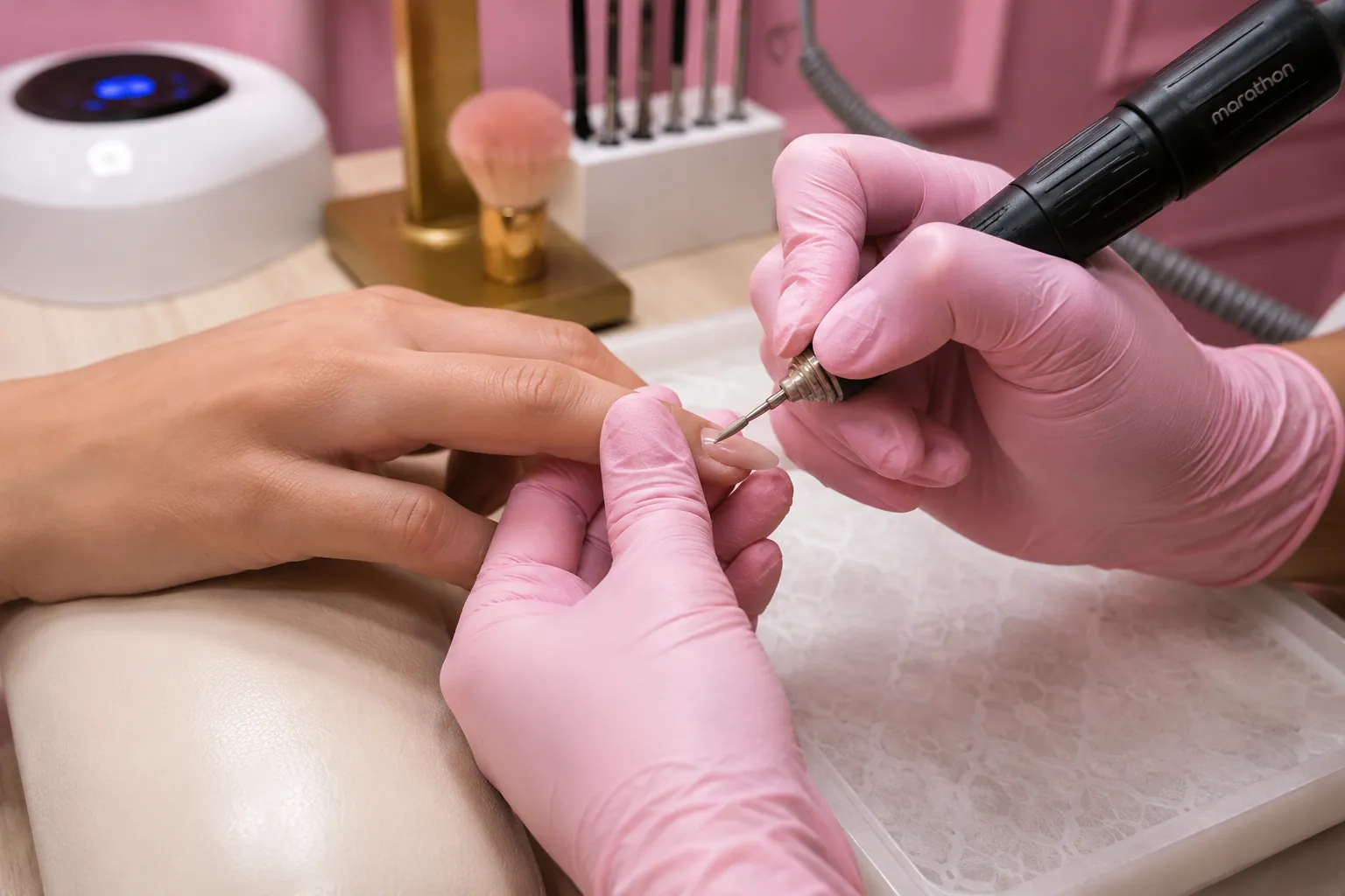 A Palm Nail Lounge technician in pink gloves refining the nail area with a precision e-file
