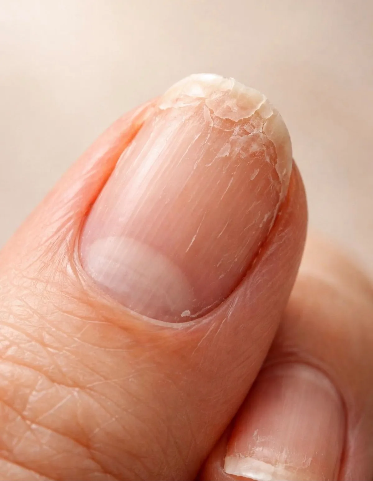 Close-up of a thin, peeling natural nail damaged by improper removal